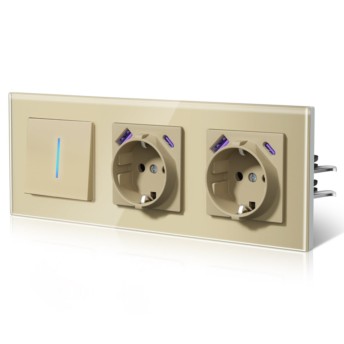 Bseed Echo Light Switch Glass Panel With Clamping technology with Double Europe Socket with USB type-c Light Switches Bseedswitch Gold 1 Gang 2 Way + Socket
