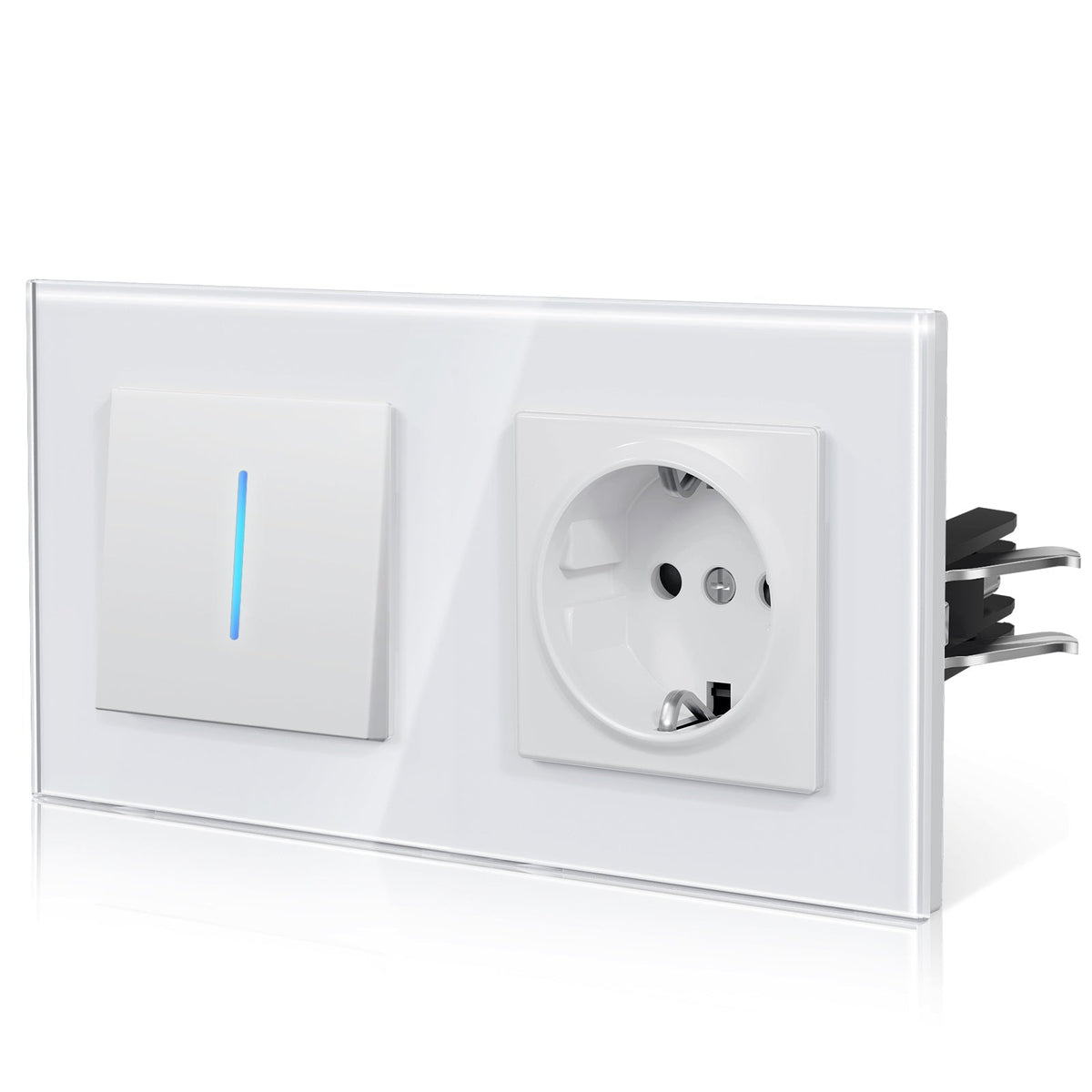 Bseed Echo Double Light Switch Glass Panel With Clamping technology with with Europe Socket Light Switches Bseedswitch White 1 Gang 2 Way + Socket