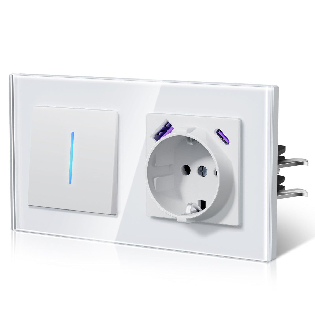 Bseed Echo Light Switch Glass Panel With Clamping technology with Europe Socket with USB type-c (Copy) Light Switches Bseedswitch White 1 Gang 2 Way + Socket