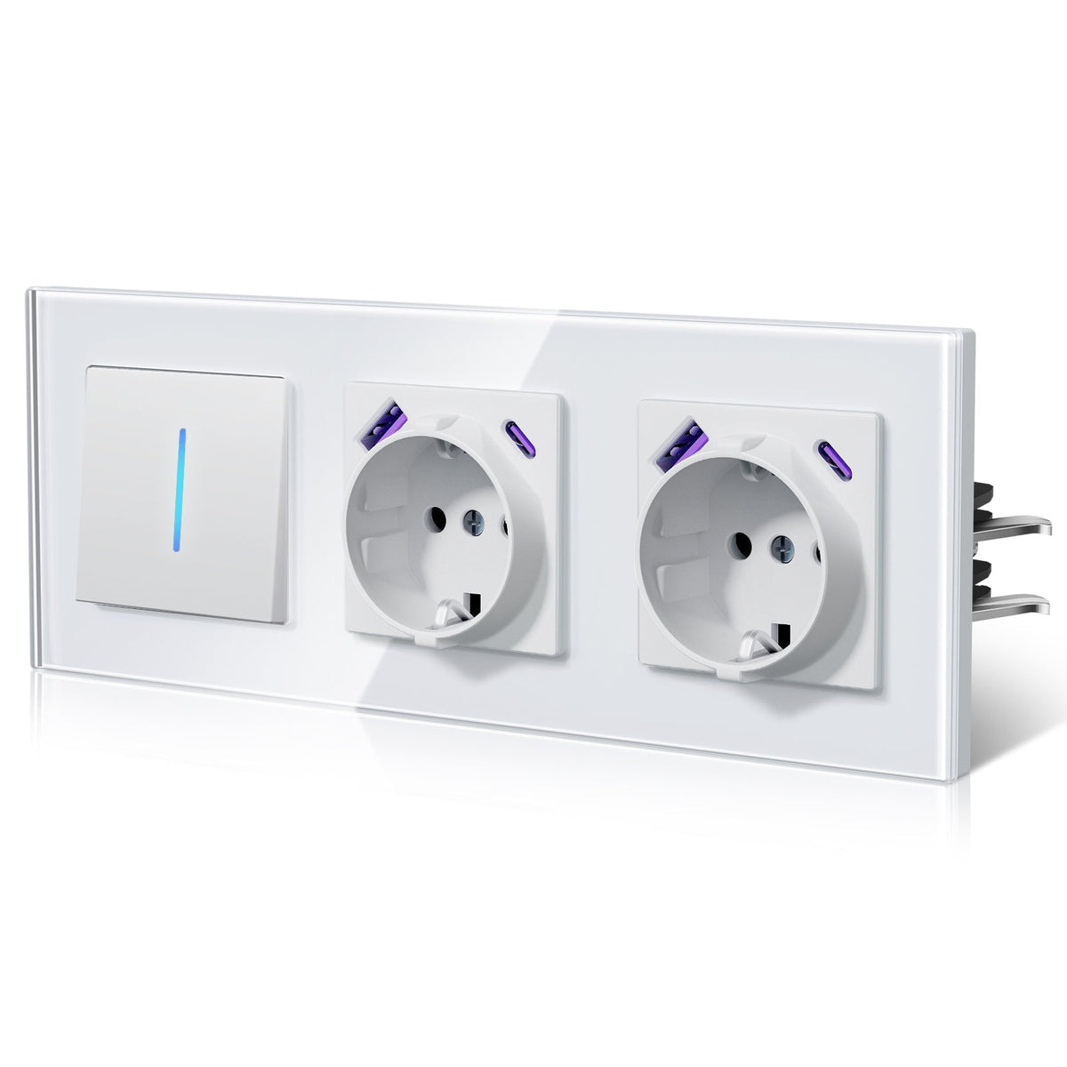 Bseed Echo Light Switch Glass Panel With Clamping technology with Double Europe Socket with USB type-c Light Switches Bseedswitch White 1 Gang 1 Way + Socket