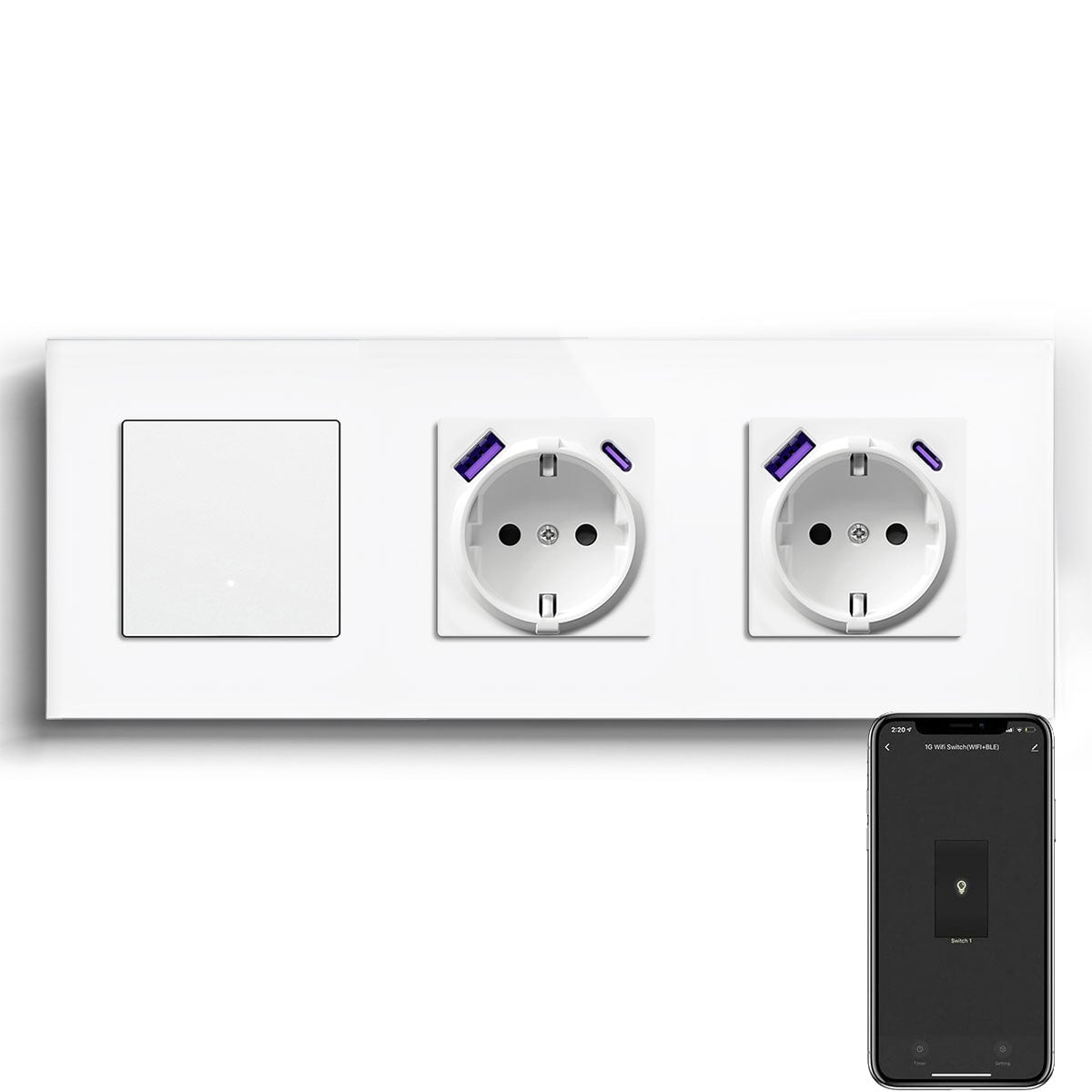 Echo Series Smart Wifi Switch With Double EU Socket with 20W usb type-c port 228mm Power Outlets & Sockets Bseedswitch White 1 Gang