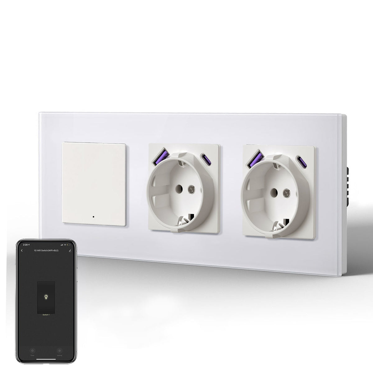 Echo Series Smart Wifi Switch With Double EU Socket with 20W usb type-c port 228mm Power Outlets & Sockets Bseedswitch White 1 Gang