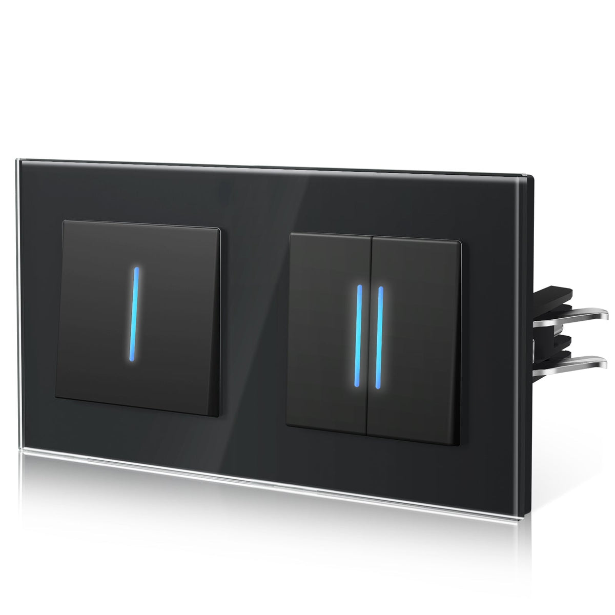 Bseed Echo Double Light Switch Glass Panel With Clamping technology with Neon Light Switches Bseedswitch Black 1 Gang 1 Way +2 Gang 1 Way
