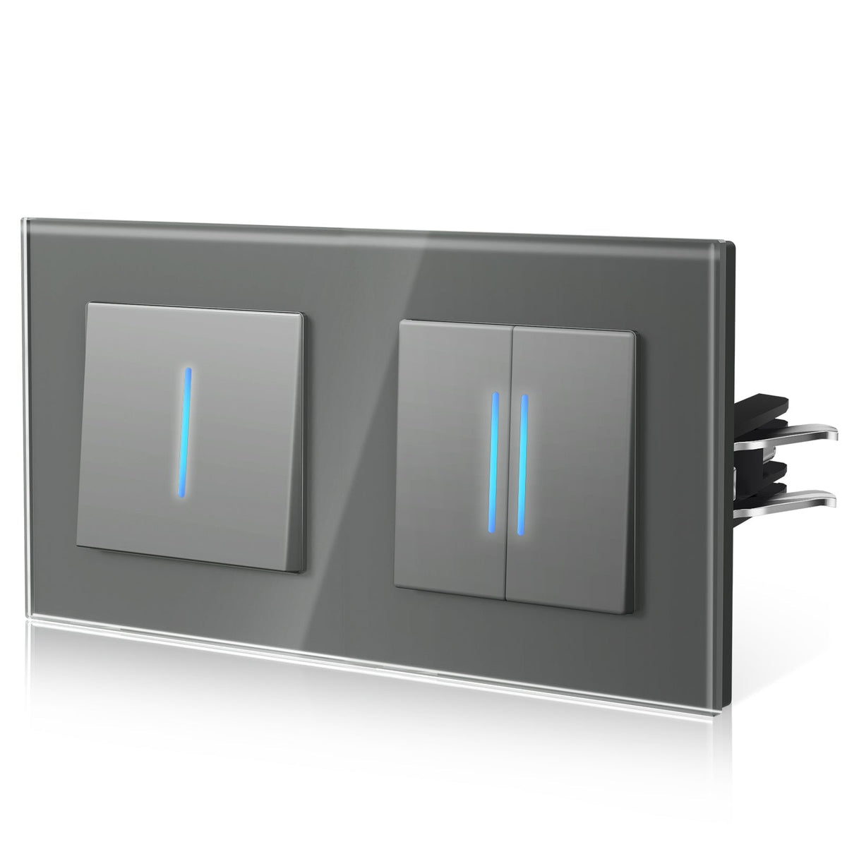 Bseed Echo Double Light Switch Glass Panel With Clamping technology with Neon Light Switches Bseedswitch Grey 1 Gang 1 Way +2 Gang 1 Way