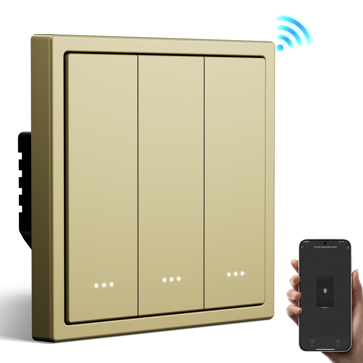 light switch intelligent Wifi série Gand BSEED (avec neutre) - Interrupteurs encastrés avec voyant lumineux, light switch Bseedswitch doré, 1 pièce / paquet, 3 Gang