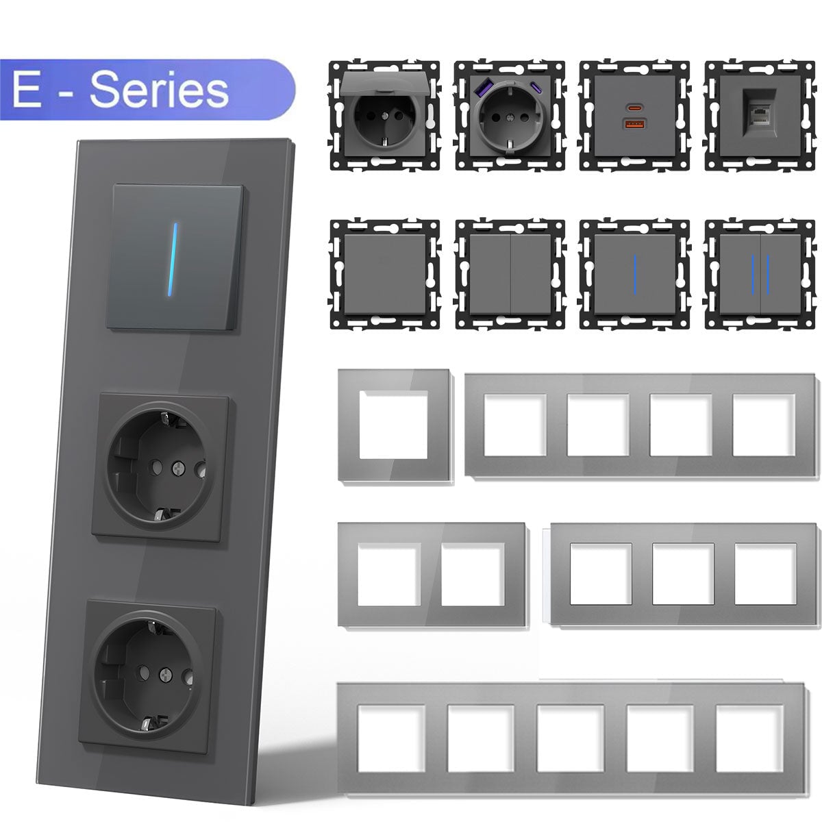 BSEED DIY Part Customized Free Combinations Mechanical Light Switch Wall Socket Insert Grey Color Crystal Glass Panel Light Switches Bseedswitch