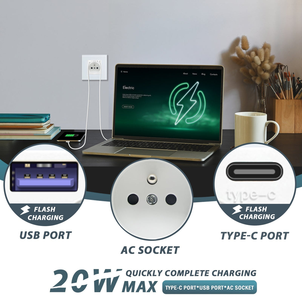 "Prises murales BSEED FR avec charge rapide PD 20W, interface Type-C, prises murales et prises BSEEDswitch"