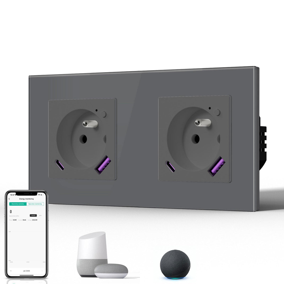 BSEED Echo Wifi FR Standards Socket with Energy Monitoring Smart wifi Electric Socket Work with Alexa Google Assitant socket Bseedswitch Grey Double