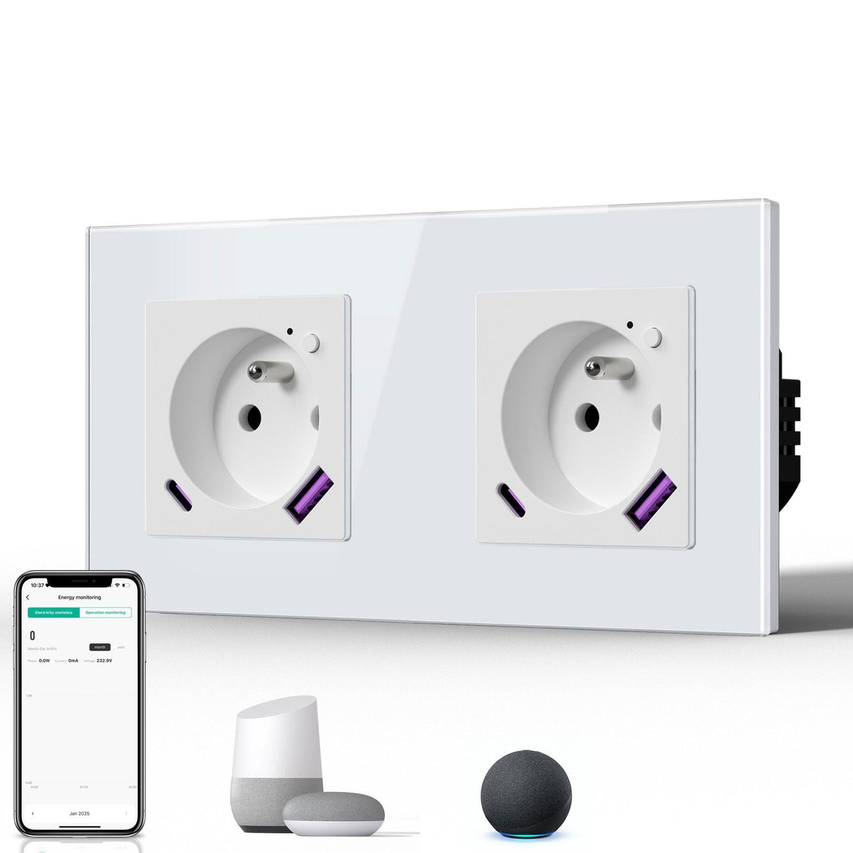 BSEED Echo Wifi FR Standards Socket with Energy Monitoring Smart wifi Electric Socket Work with Alexa Google Assitant socket Bseedswitch White Double