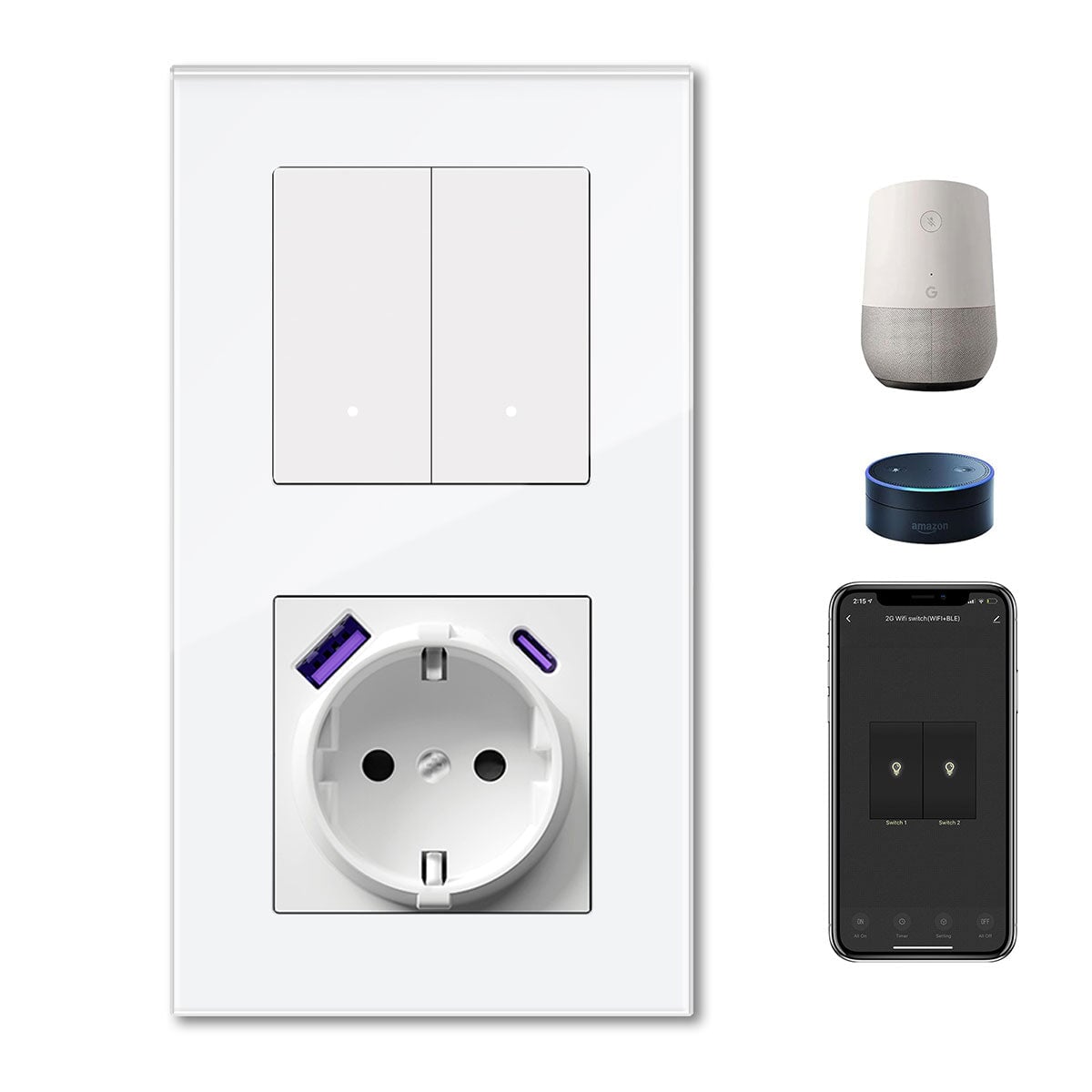 Echo Series Smart Wifi Switch With EU Socket with 20W usb type-c port 157mm Power Outlets & Sockets Bseedswitch White 2Gang