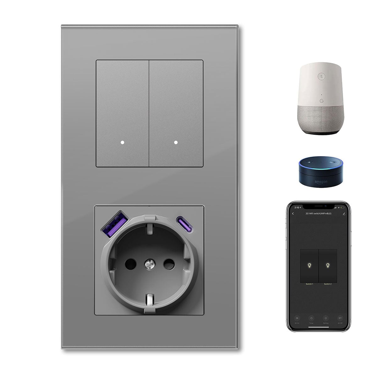 Echo Series Smart Wifi Switch With EU Socket with 20W usb type-c port 157mm Power Outlets & Sockets Bseedswitch Grey 2Gang