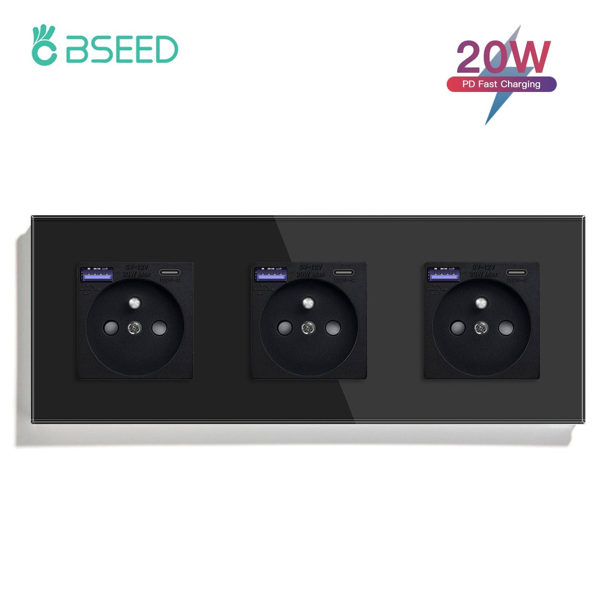 BSEED FR sockets with 20W PD Fast Charge Type-C Interface Outlet Wall Socket Power Outlets & Sockets Bseedswitch Black Triple