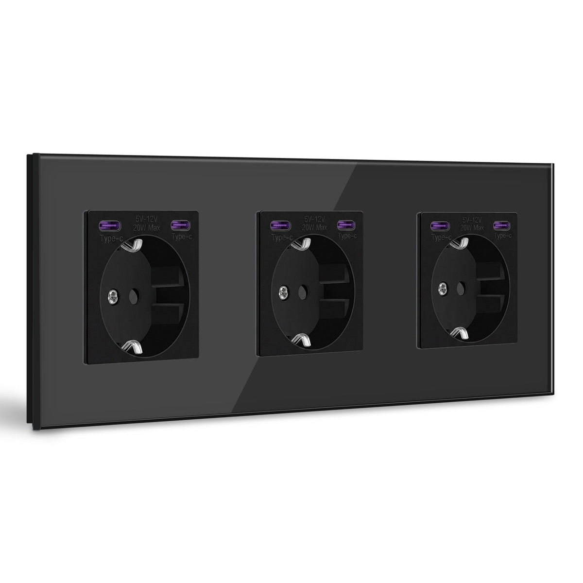 BSEED EU sockets with 20W Double Type-C Interface Outlet Wall Socket Plastic Panel Power Outlets & Sockets Bseedswitch Black Glass Triple