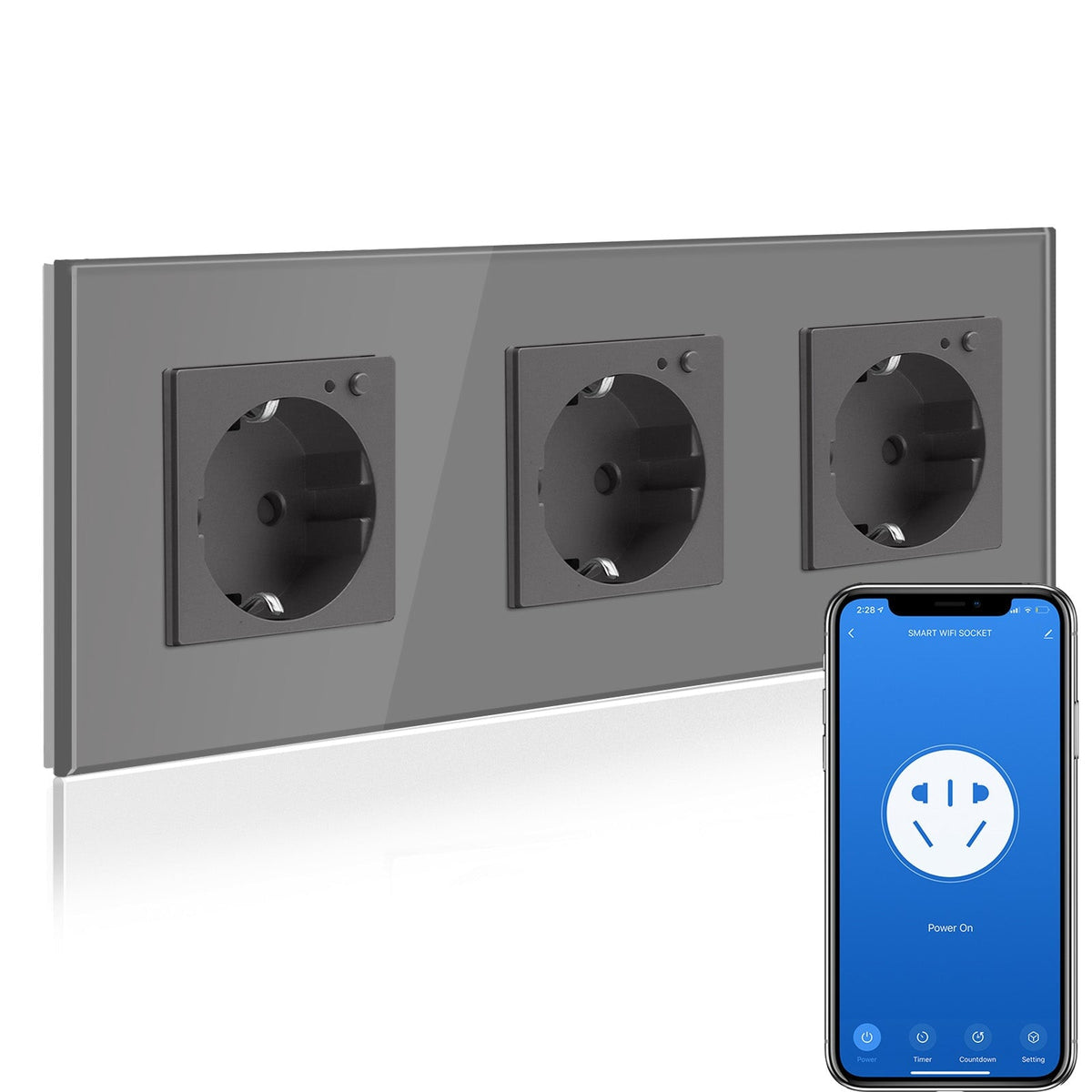 BSEED Wifi EU Wall Sockets Single Power Outlets Kids Protection Power Outlets & Sockets Bseedswitch grey Triple Glass