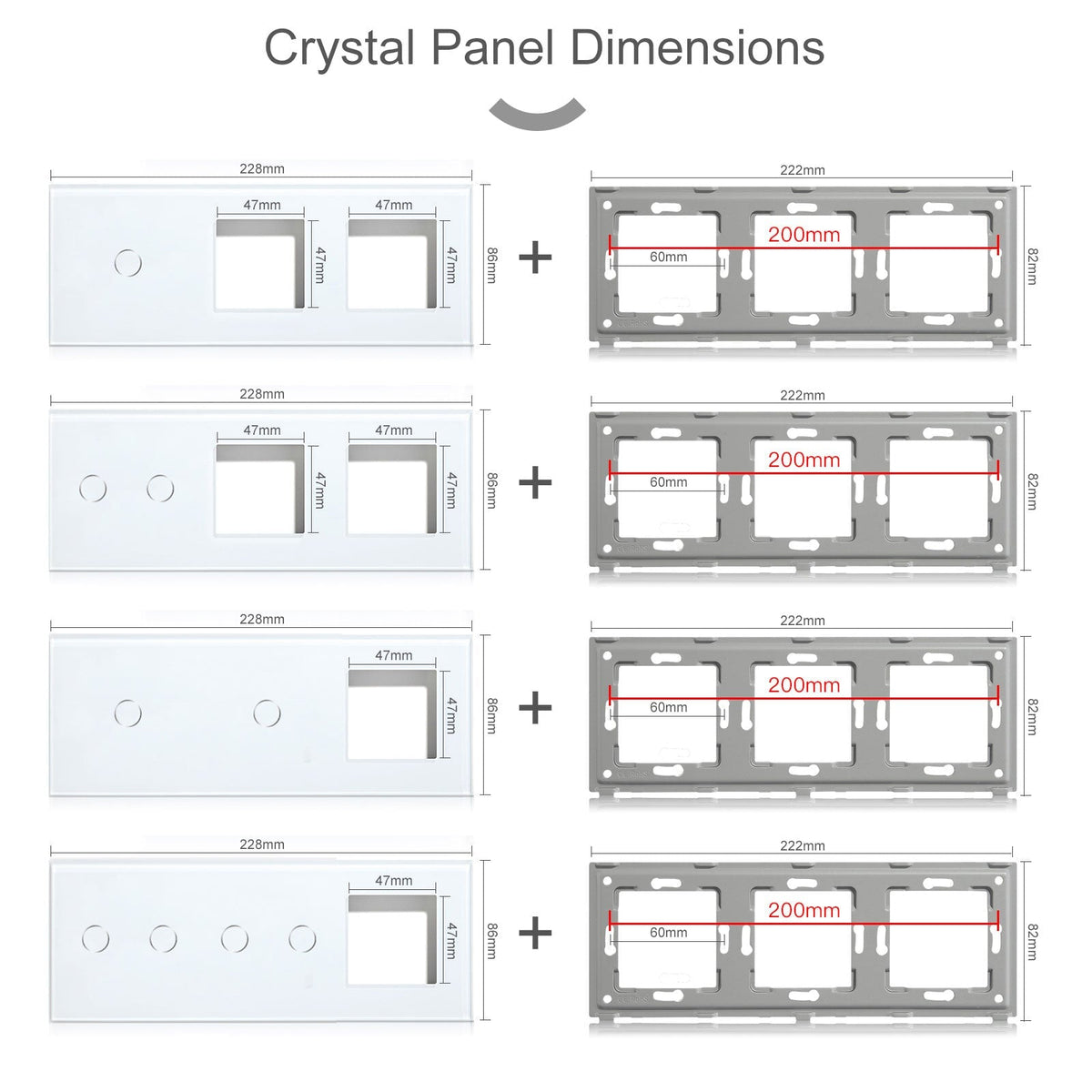Bseed Panel with Double Frame Crystal Glass 1/2/3 Gang with Slots Bseedswitch