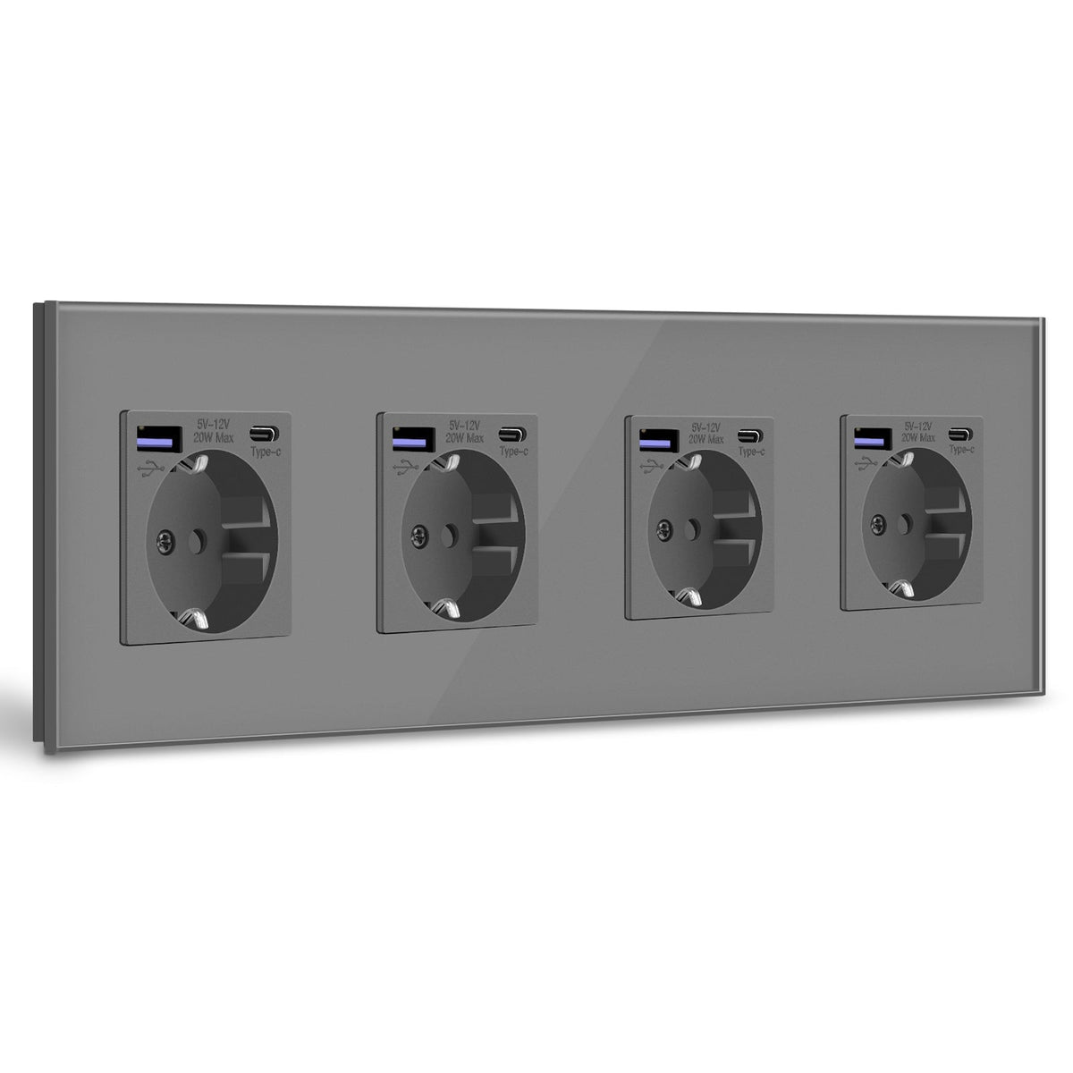 BSEED EU sockets with 20W PD Fast Charge Type-C Interface Outlet Wall Socket Power Outlets & Sockets Bseedswitch Grey Glass Panel Quadruple