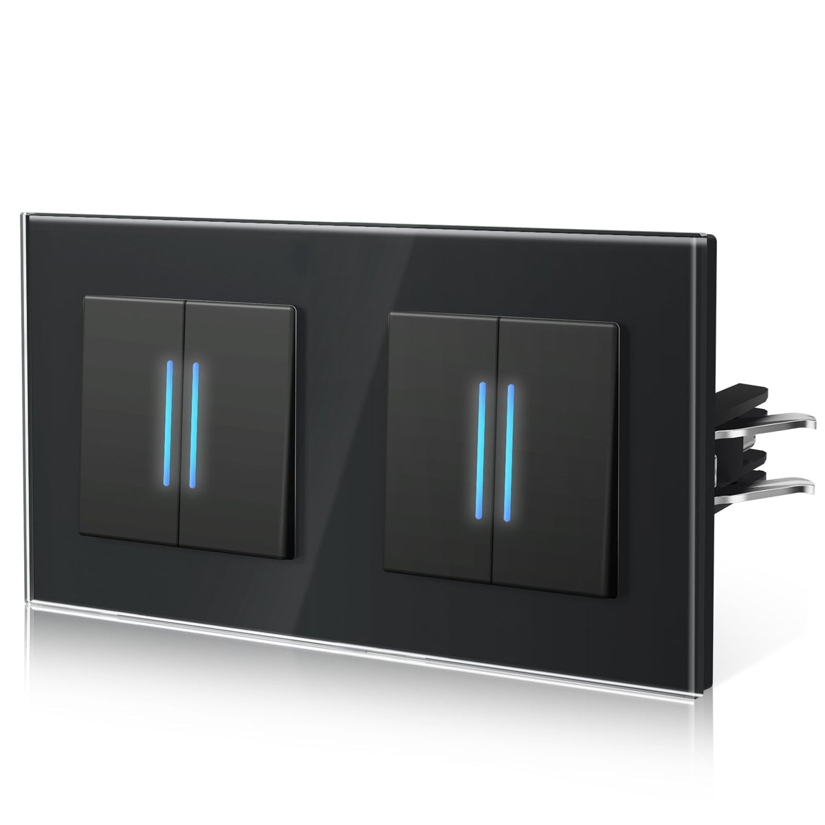 Bseed Echo Double Light Switch Glass Panel With Clamping technology with Neon Light Switches Bseedswitch Black 2 Gang 1 Way +2 Gang 1 Way