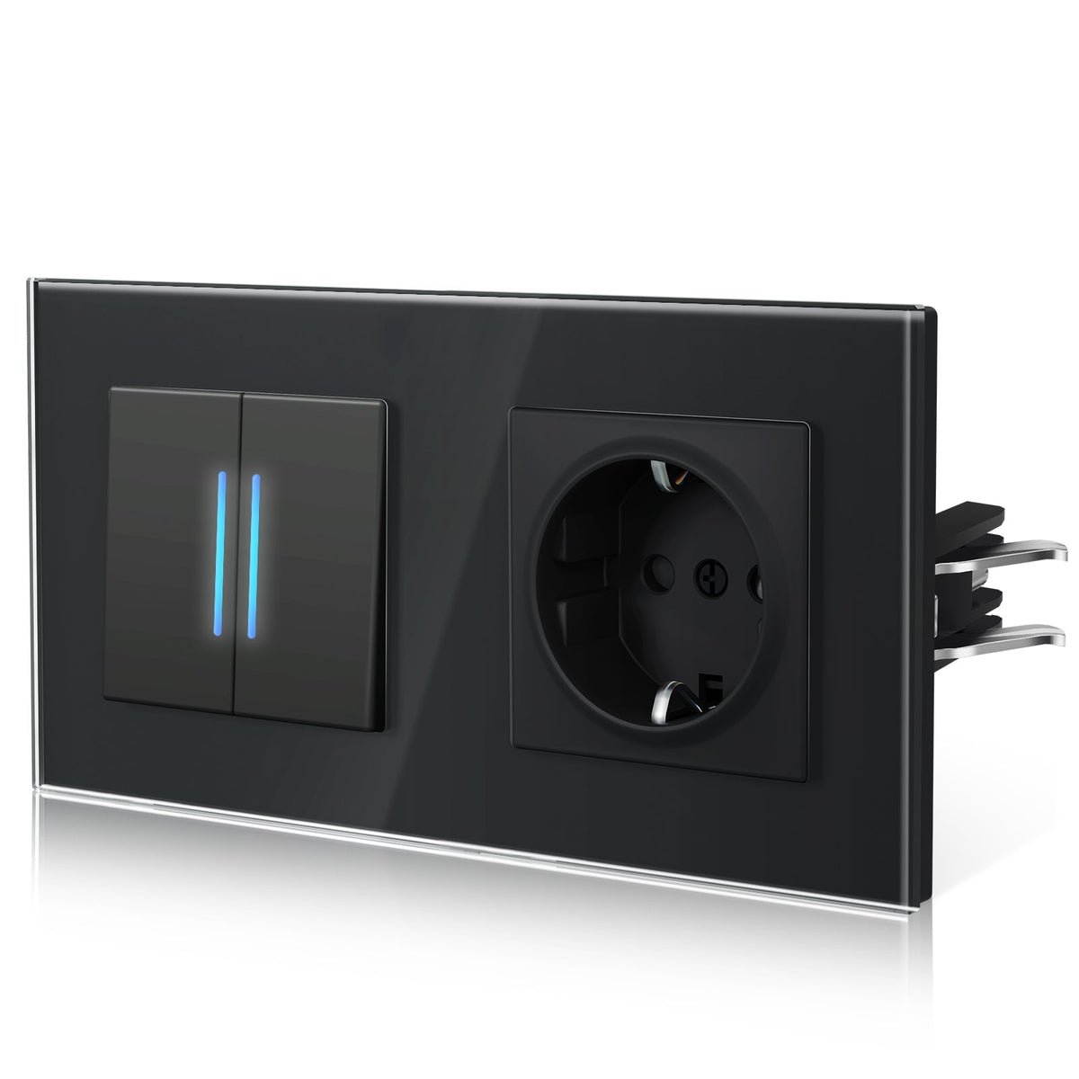 Bseed Echo Double Light Switch Glass Panel With Clamping technology with with Europe Socket Light Switches Bseedswitch Black 2 Gang 2 Way + Socket