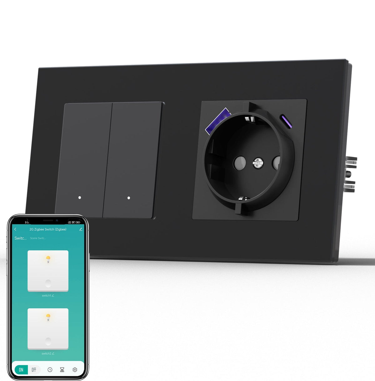 BSEED Smart Zigbee Light Switch (With Neutral) Socket With USB C 20W Fast Charge Light Switches Bseedswitch Black 2 Gang