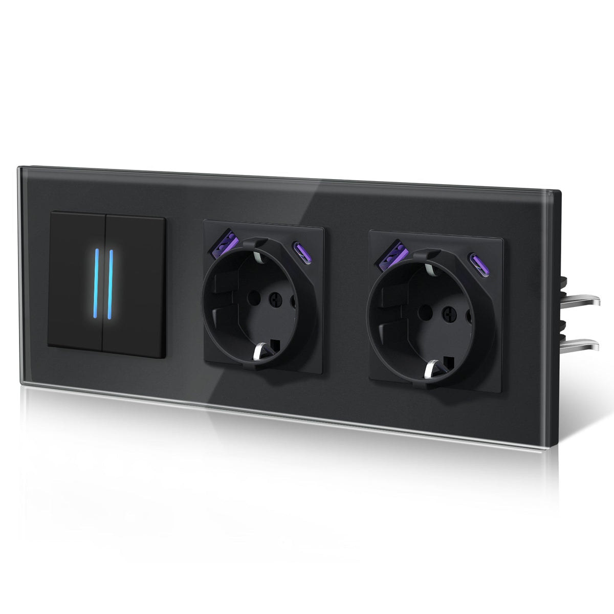 Bseed Echo Light Switch Glass Panel With Clamping technology with Double Europe Socket with USB type-c Light Switches Bseedswitch Black 2 Gang 1 Way + Socket