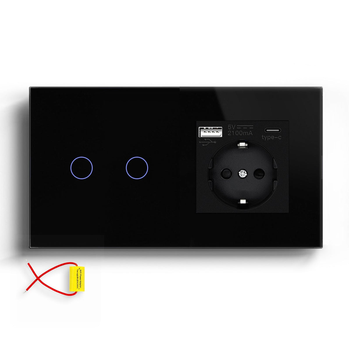 BSEED Single Line Wifi Light Switch with Eu socket type-c Plug 2.1A 157mm Light Switches Bseedswitch Black 2Gang