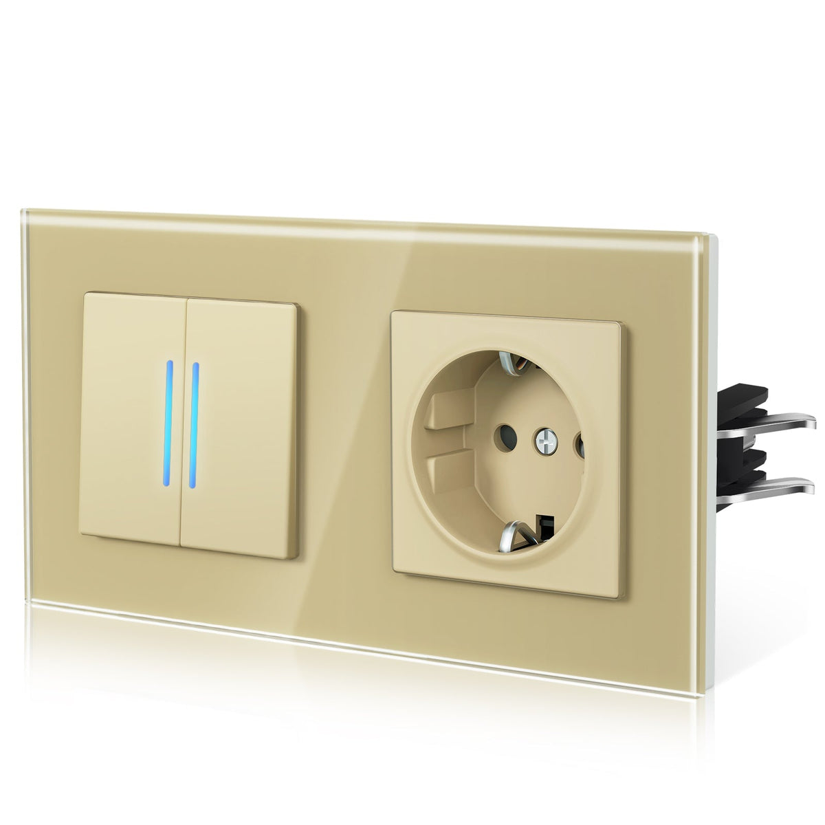 Bseed Echo Light Switch Glass Panel With Clamping technology with Europe Socket 16A Light Switches Bseedswitch Gold 2 Gang 1 Way + Socket