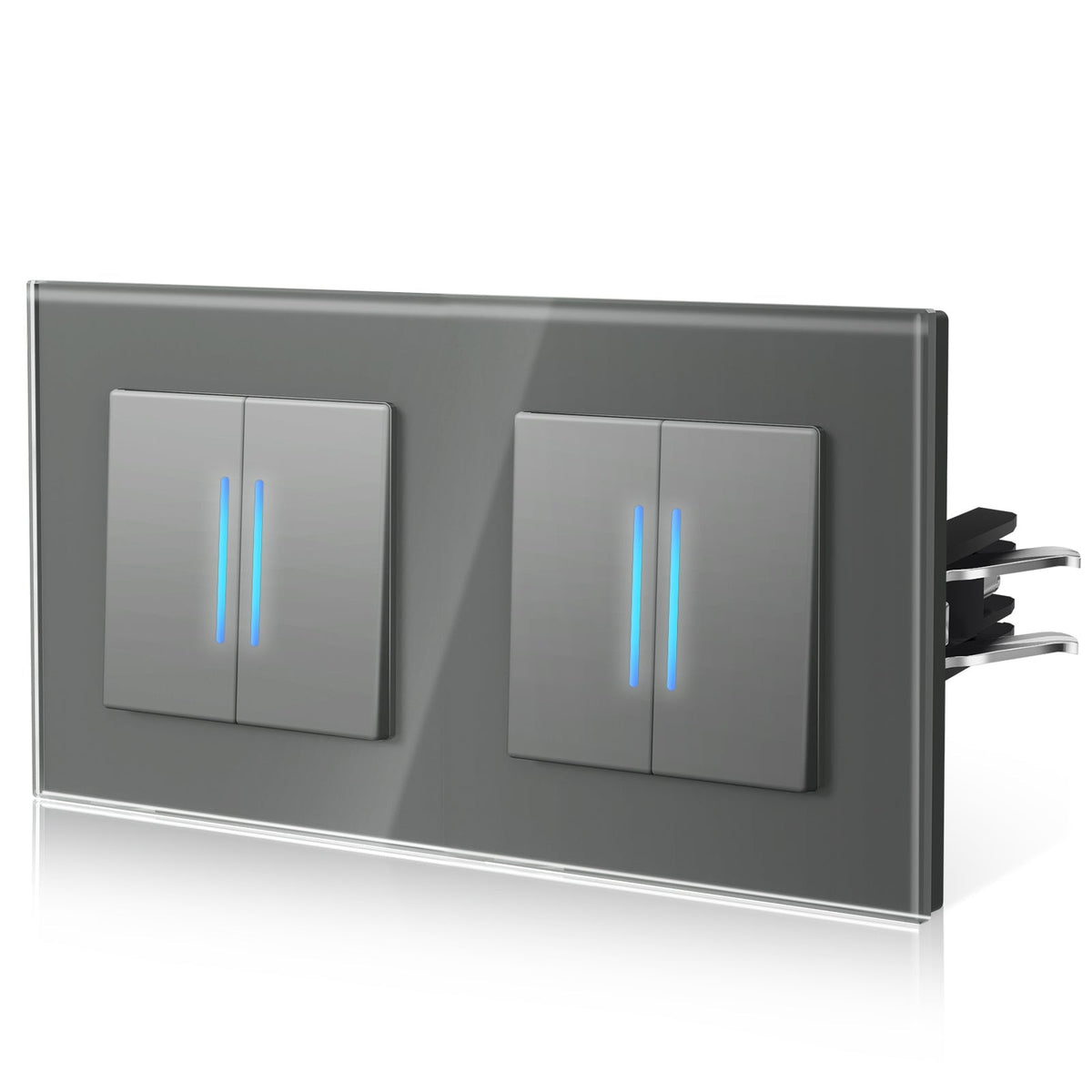 Bseed Echo Double Light Switch Glass Panel With Clamping technology with Neon Light Switches Bseedswitch Grey 2 Gang 1 Way +2 Gang 1 Way