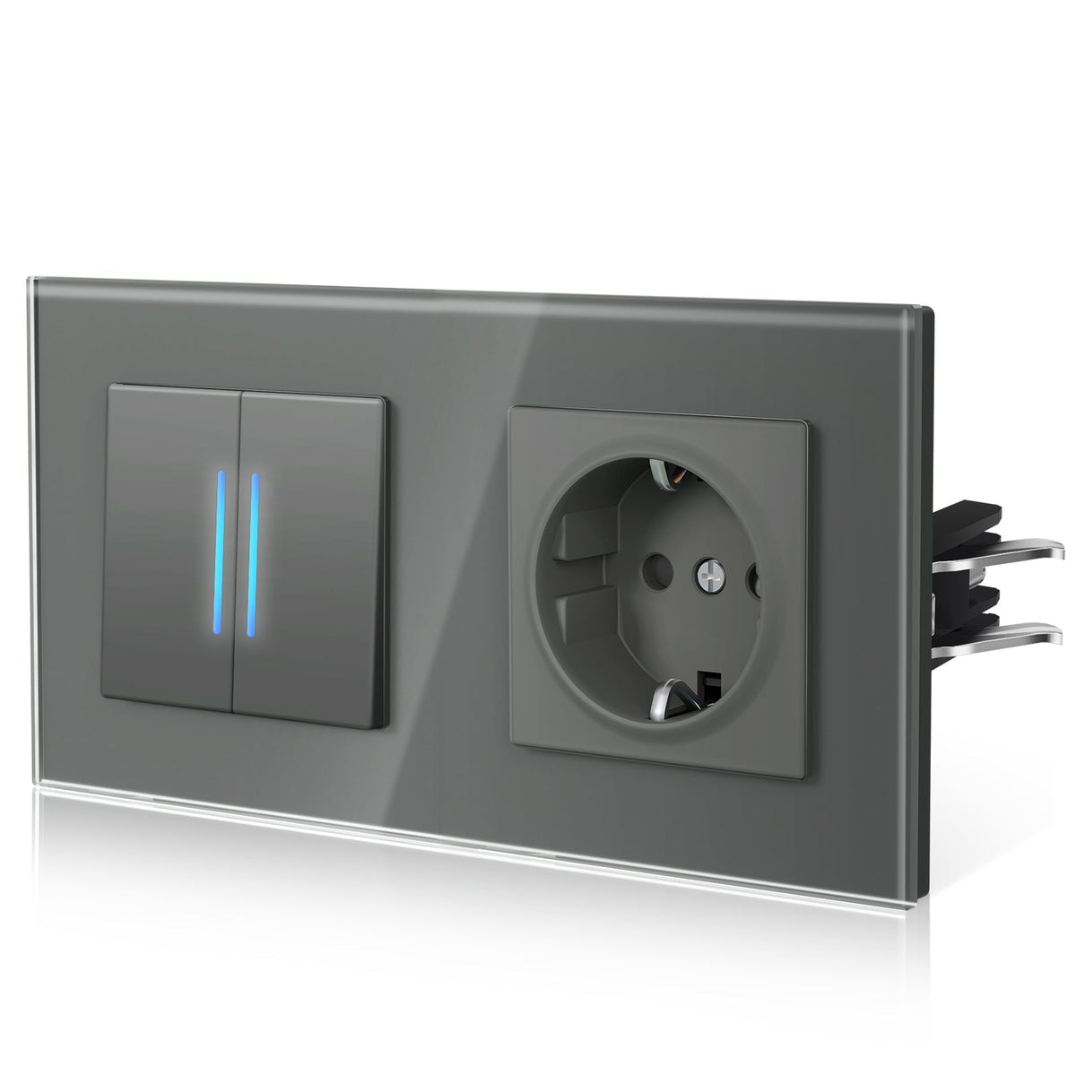 Bseed Echo Double Light Switch Glass Panel With Clamping technology with with Europe Socket Light Switches Bseedswitch Grey 2 Gang 2 Way + Socket
