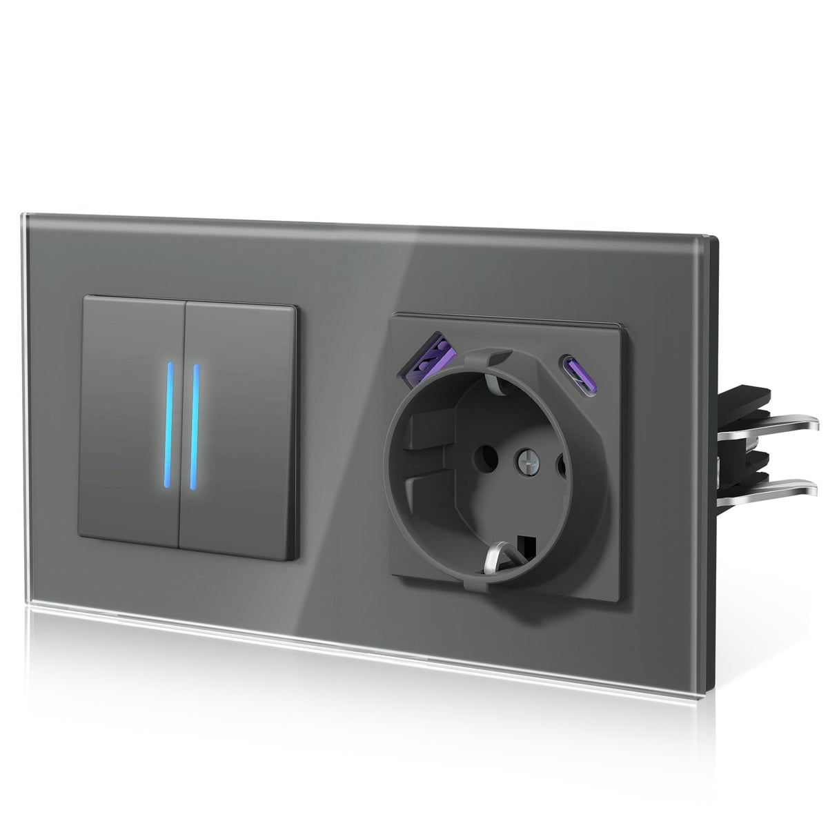 Bseed Echo Light Switch Glass Panel With Clamping technology with Europe Socket with USB type-c (Copy) Light Switches Bseedswitch Grey 2 Gang 2 Way + Socket