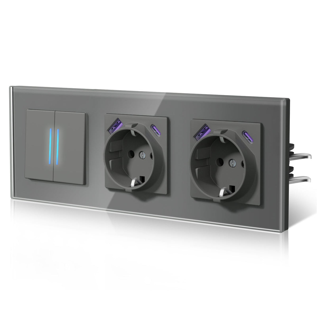 Bseed Echo Light Switch Glass Panel With Clamping technology with Double Europe Socket with USB type-c Light Switches Bseedswitch Grey 2 Gang 1 Way + Socket