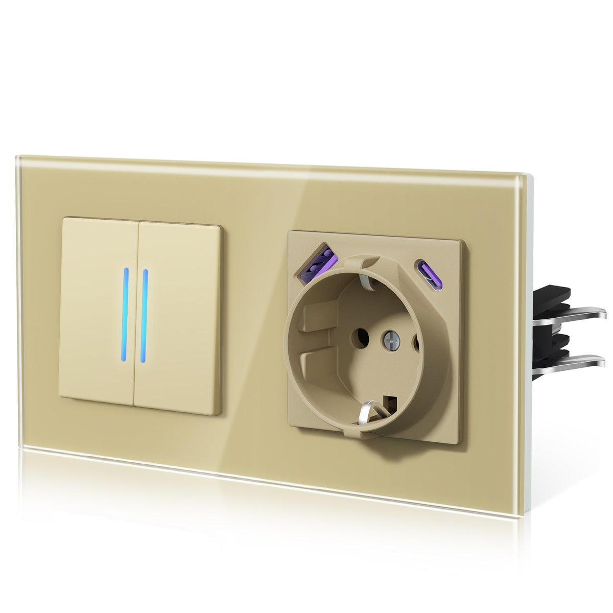 Bseed Echo Light Switch Glass Panel With Clamping technology with Europe Socket with USB type-c (Copy) Light Switches Bseedswitch Gold 2 Gang 1 Way + Socket