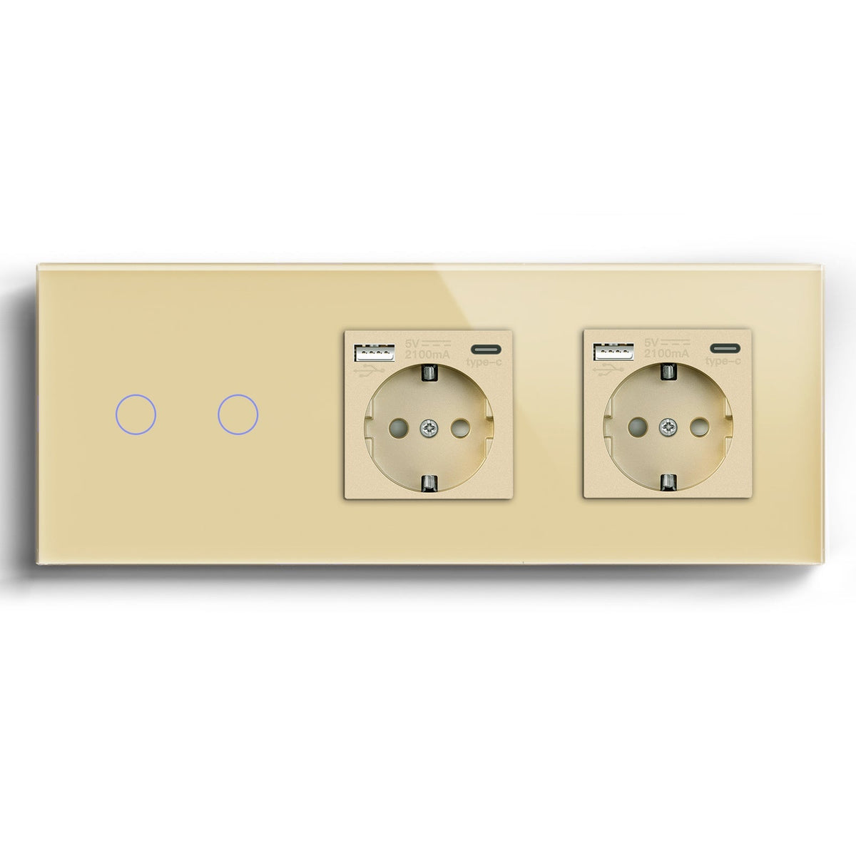 Bseed Zigbee Touch 1/2/3 Gang NO Neutral line Light Switches With Double EU Socket with USB-C Light Switches Bseedswitch Gold 2Gang