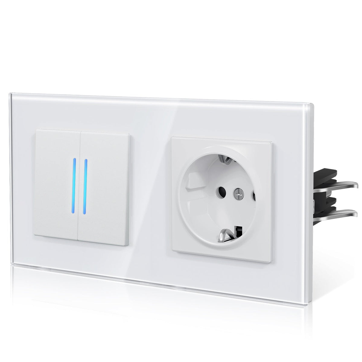Bseed Echo Double Light Switch Glass Panel With Clamping technology with with Europe Socket Light Switches Bseedswitch White 2 Gang 2 Way + Socket