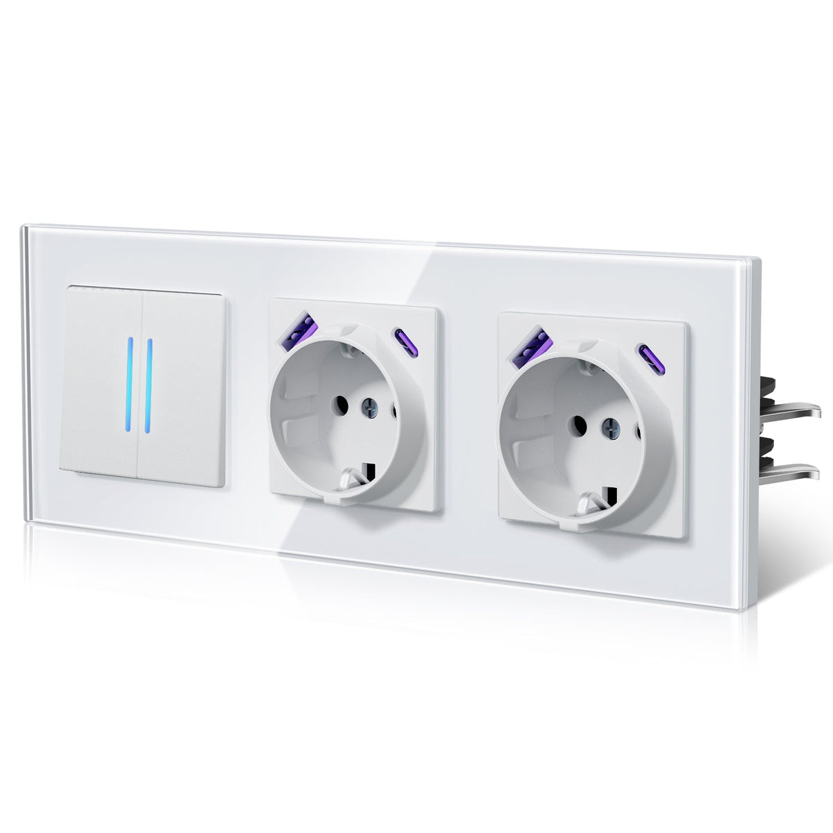 Bseed Echo Light Switch Glass Panel With Clamping technology with Double Europe Socket with USB type-c Light Switches Bseedswitch White 2 Gang 2 Way + Socket