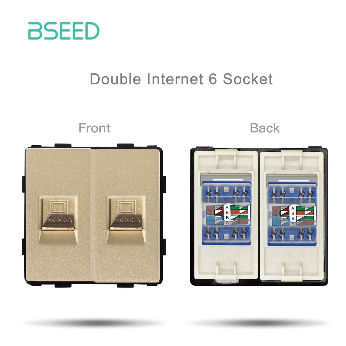 Bseed Prise murale standard UE/UK/Russie, bouton-poussoir, touche de fonction pour rénovation, plaques et couvercles, Bseedswitch, double prise CAT6 (PC) dorée, touche de fonction