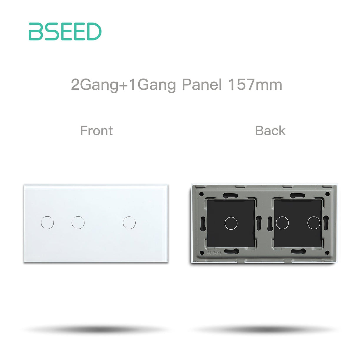 Bseed Glass Panel Light Switch Panel 157mm Double Switch Panel Bseedswitch White 2+1