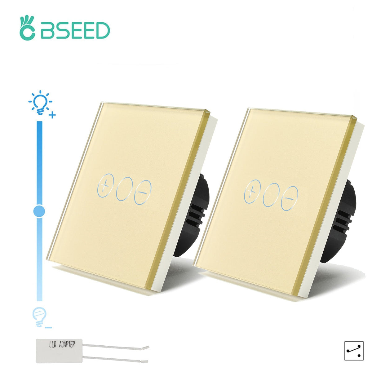 BSEED 2Pieces 1Gang 2Way Touch Dimmer Wall Switches EU Standard Crystal Panel Light Switches Bseedswitch Gold