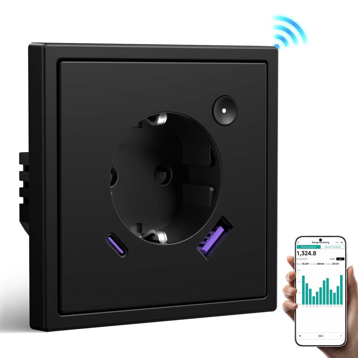BSEED Grand Smart Wifi Socket With Energy Monitoring 20W USB-C Port Eu Socket Work with Alexa Google Power Outlets & Sockets Bseed official Black Single