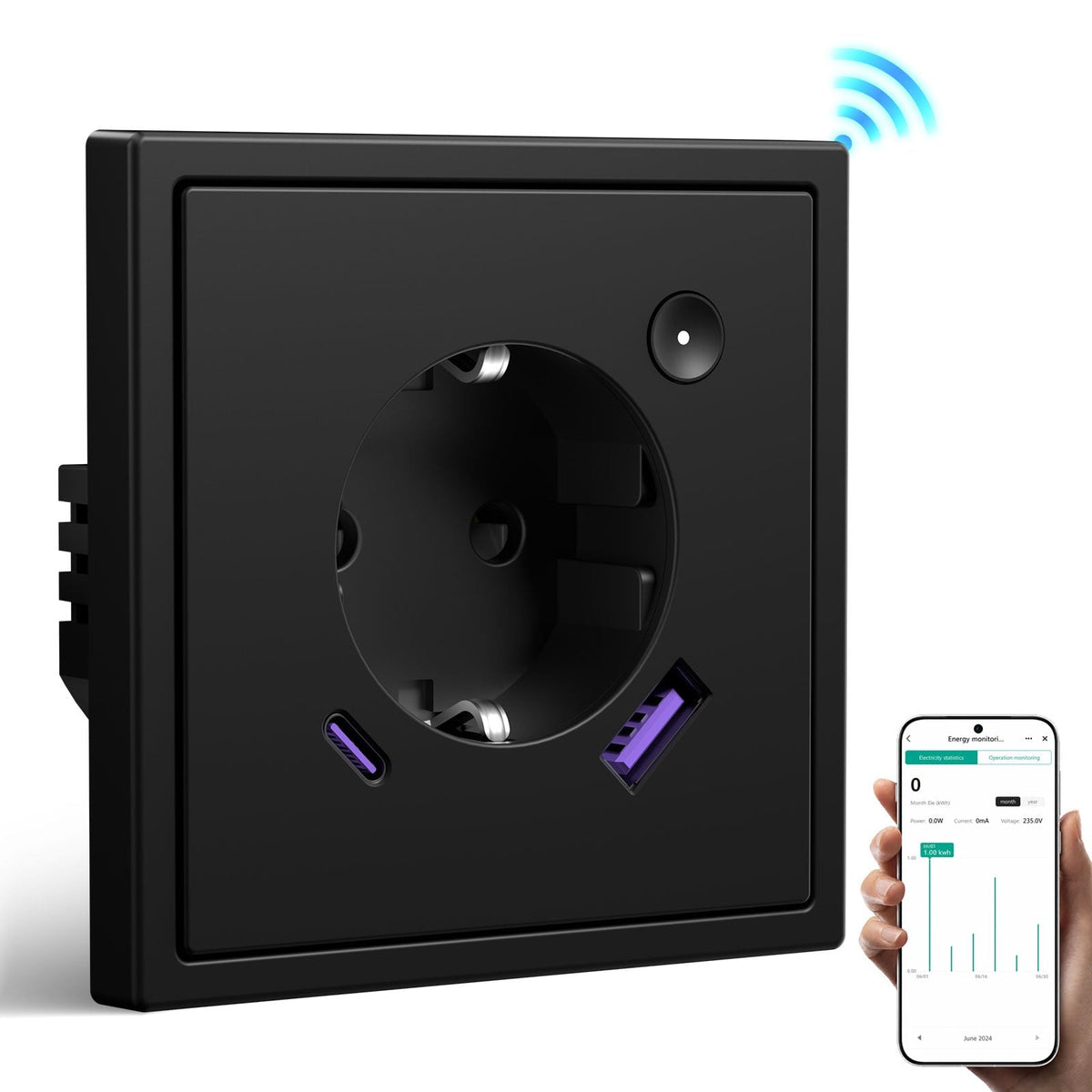 Prise murale intelligente Wi-Fi BSEED avec suivi de consommation, port USB-C 20W, compatible Alexa et Google Home, prise UE, noir, simple, officielle Bseed