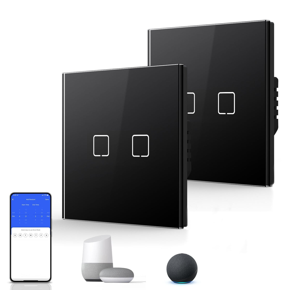 Echo Serie Smart Wifi Light Switch (With Neutral) Glass Panel Multiple Packs Light Switches Bseedswitch Black 2 Gang 2 PCS/ Pack