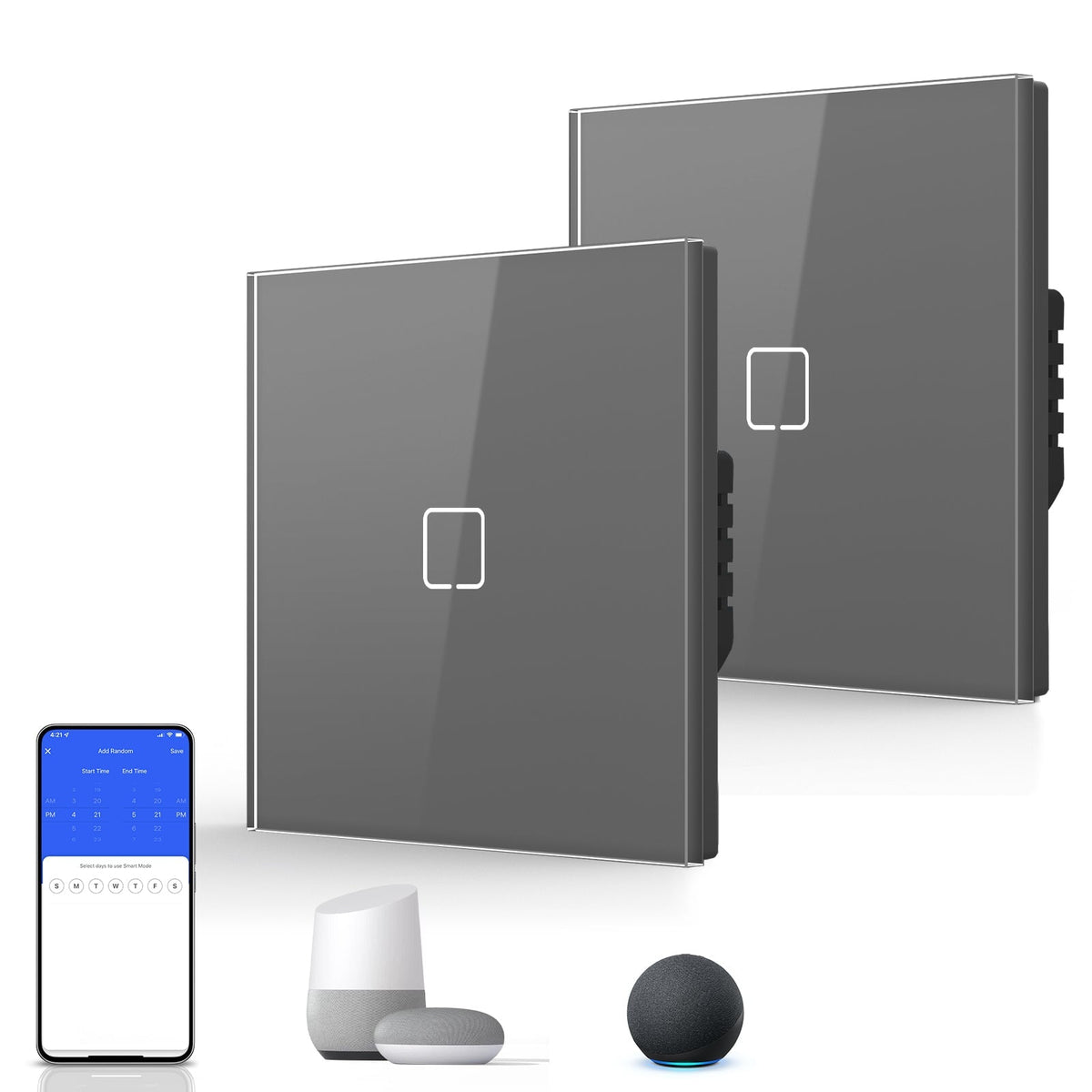 Echo Serie Smart Wifi Light Switch (With Neutral) Glass Panel Multiple Packs Light Switches Bseedswitch Gray 1 Gang 2 PCS/ Pack
