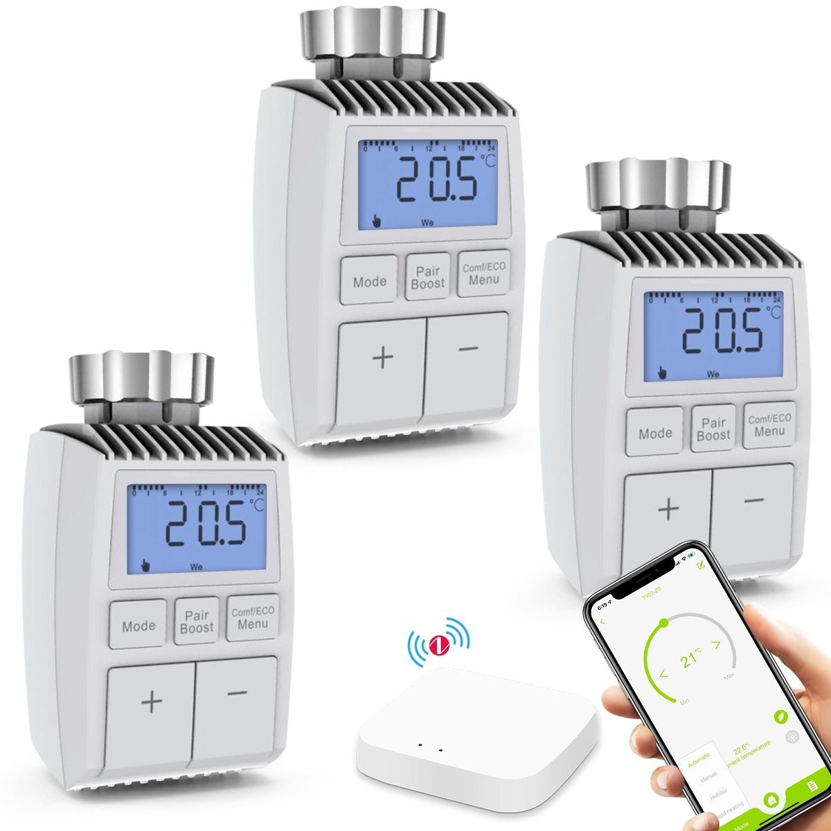 BSEED ZigBee3.0 Thermostatic Valve Smart Radiator Actuator Programmable Temperature Controller 恒温器 Bseedswitch 3PCS Temperature control valve+ gateway