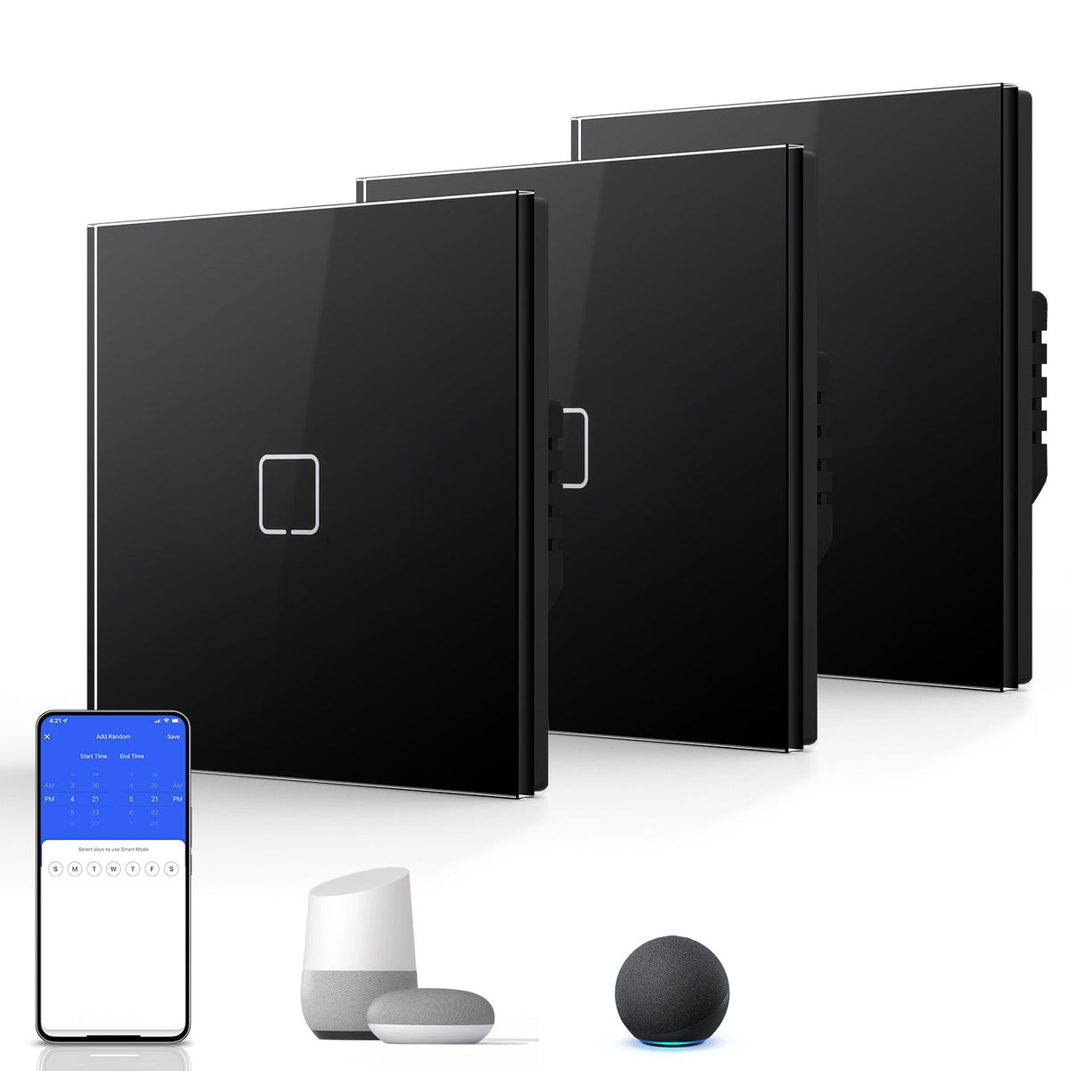 Echo Serie Smart Wifi Light Switch (With Neutral) Glass Panel Multiple Packs Light Switches Bseedswitch Black 1 Gang 3 PCS/ Pack