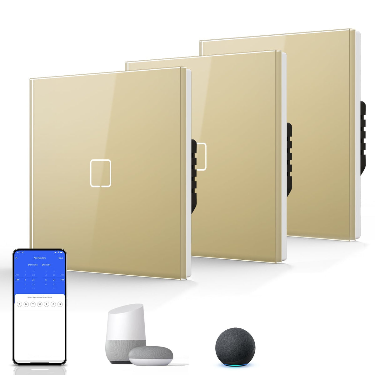 Echo Serie Smart Wifi Light Switch (With Neutral) Glass Panel Multiple Packs Light Switches Bseedswitch Gold 1 Gang 3 PCS/ Pack