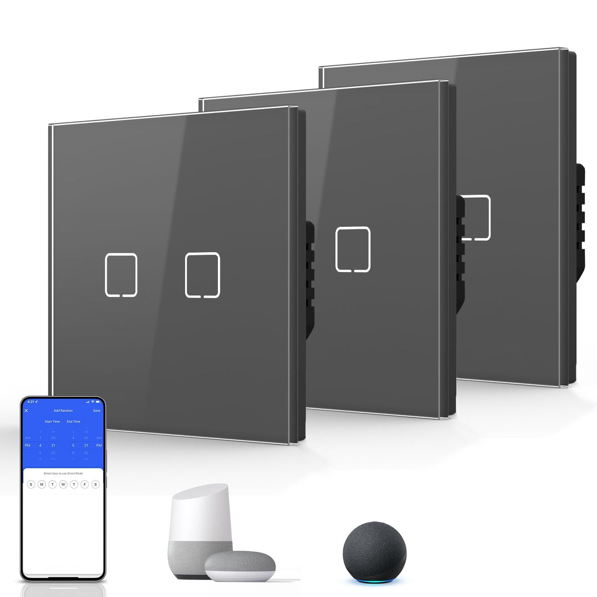 Echo Serie Smart Wifi Light Switch (With Neutral) Glass Panel Multiple Packs Light Switches Bseedswitch Grey 2 Gang 3 PCS/ Pack