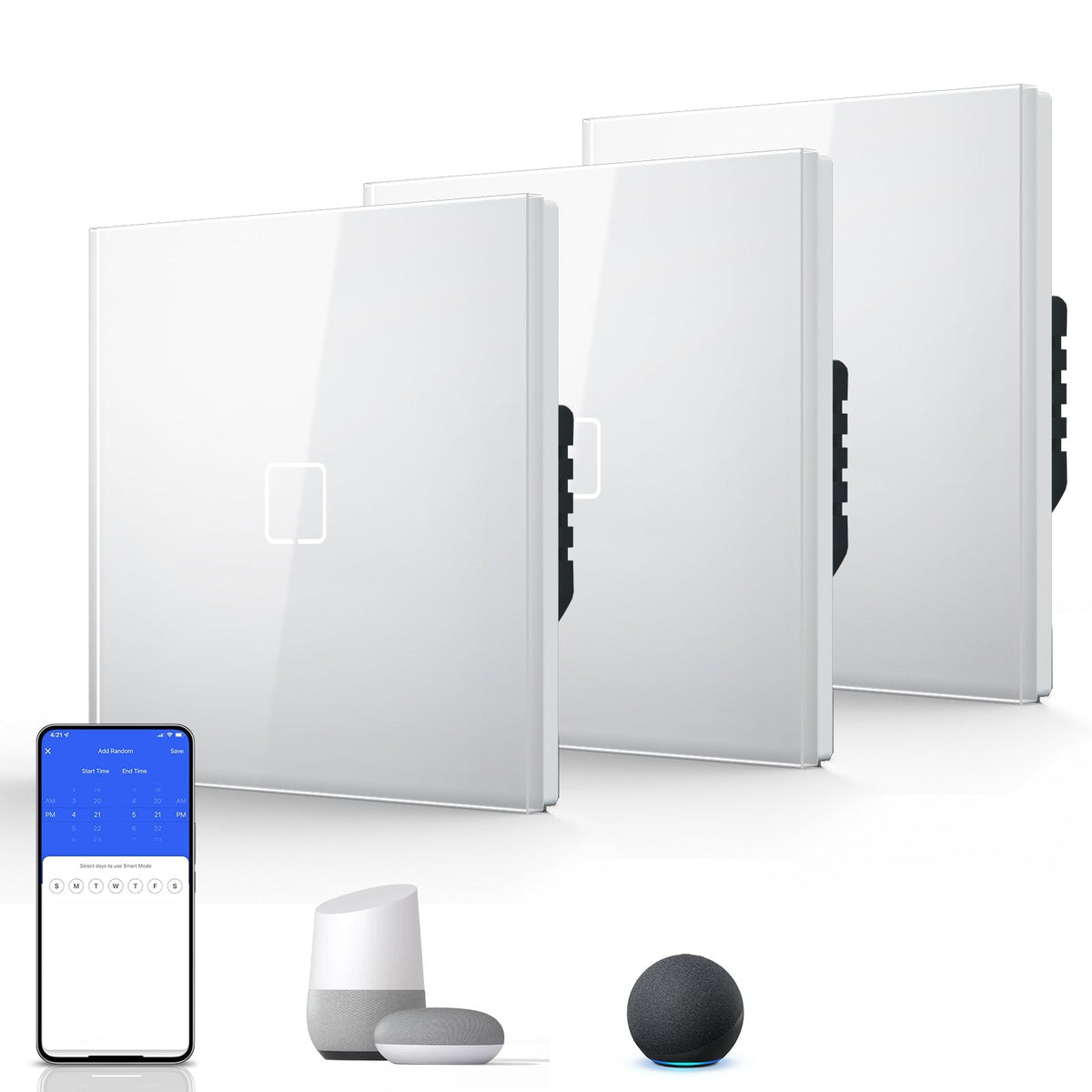 Echo Serie Smart Wifi Light Switch (With Neutral) Glass Panel Multiple Packs Light Switches Bseedswitch White 1 Gang 3 PCS/ Pack