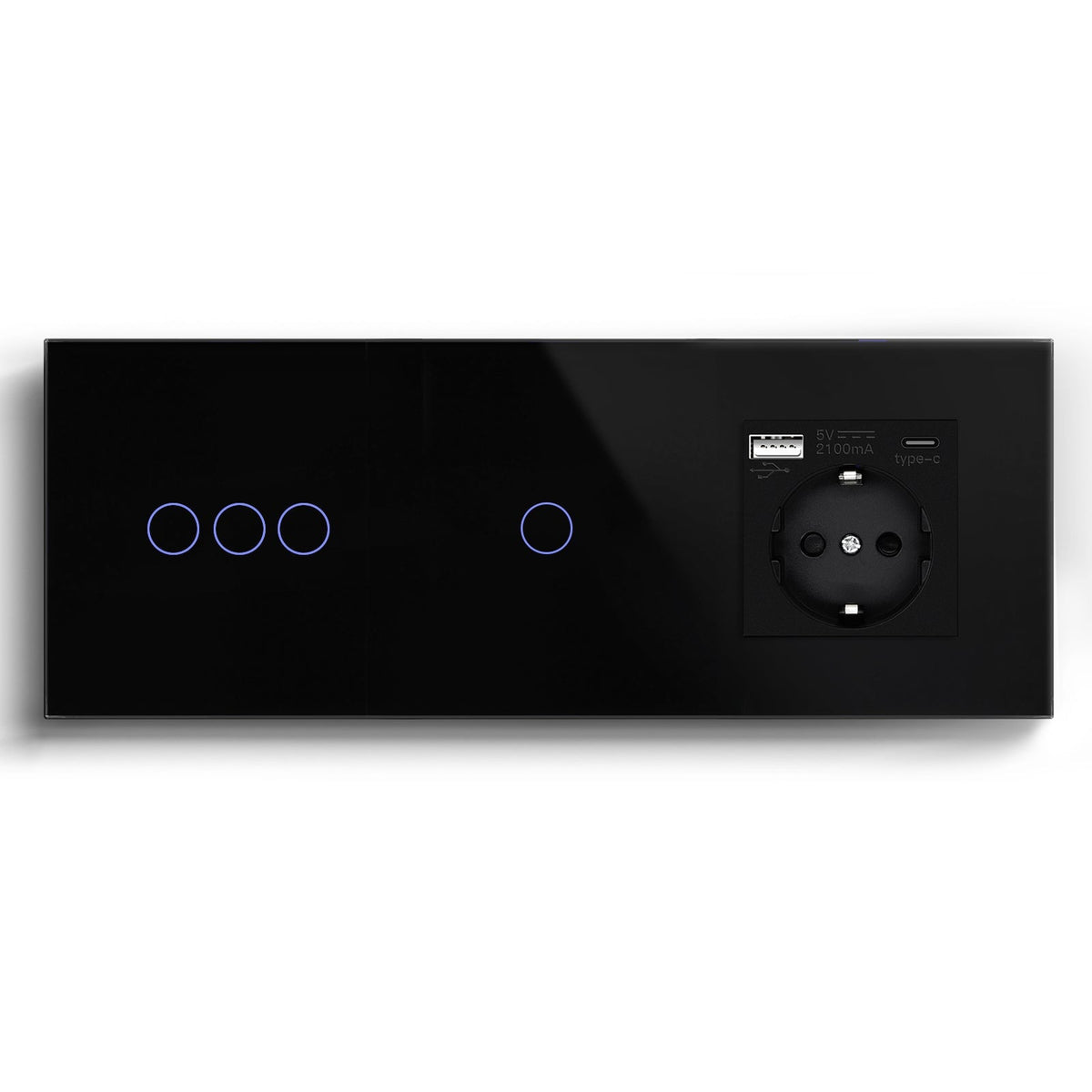 Double Wifi Light Switch neutral line with Eu socket type-c Plug 2.1A 228mm Light Switches Bseedswitch Black 3Gang+1Gang