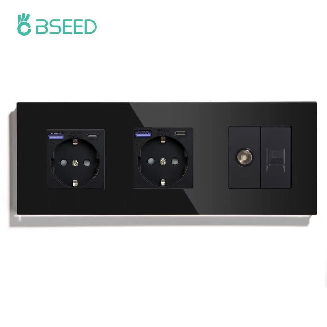 BSEED Product Customization Bseedswitch double eu socket with 20w usb-c port with tv socket and cat6 socket black