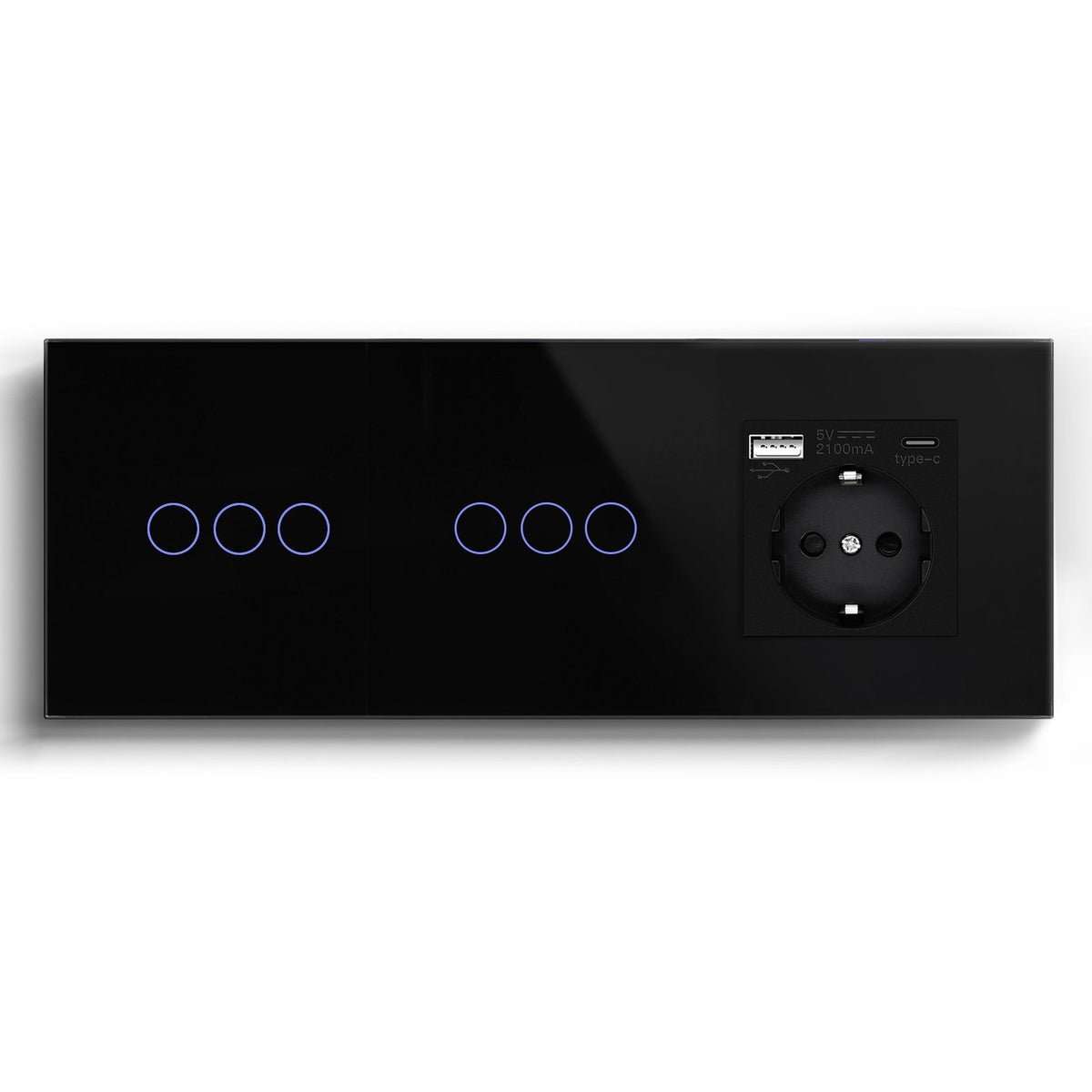 Double Wifi Light Switch neutral line with Eu socket type-c Plug 2.1A 228mm Light Switches Bseedswitch Black 3Gang+3Gang