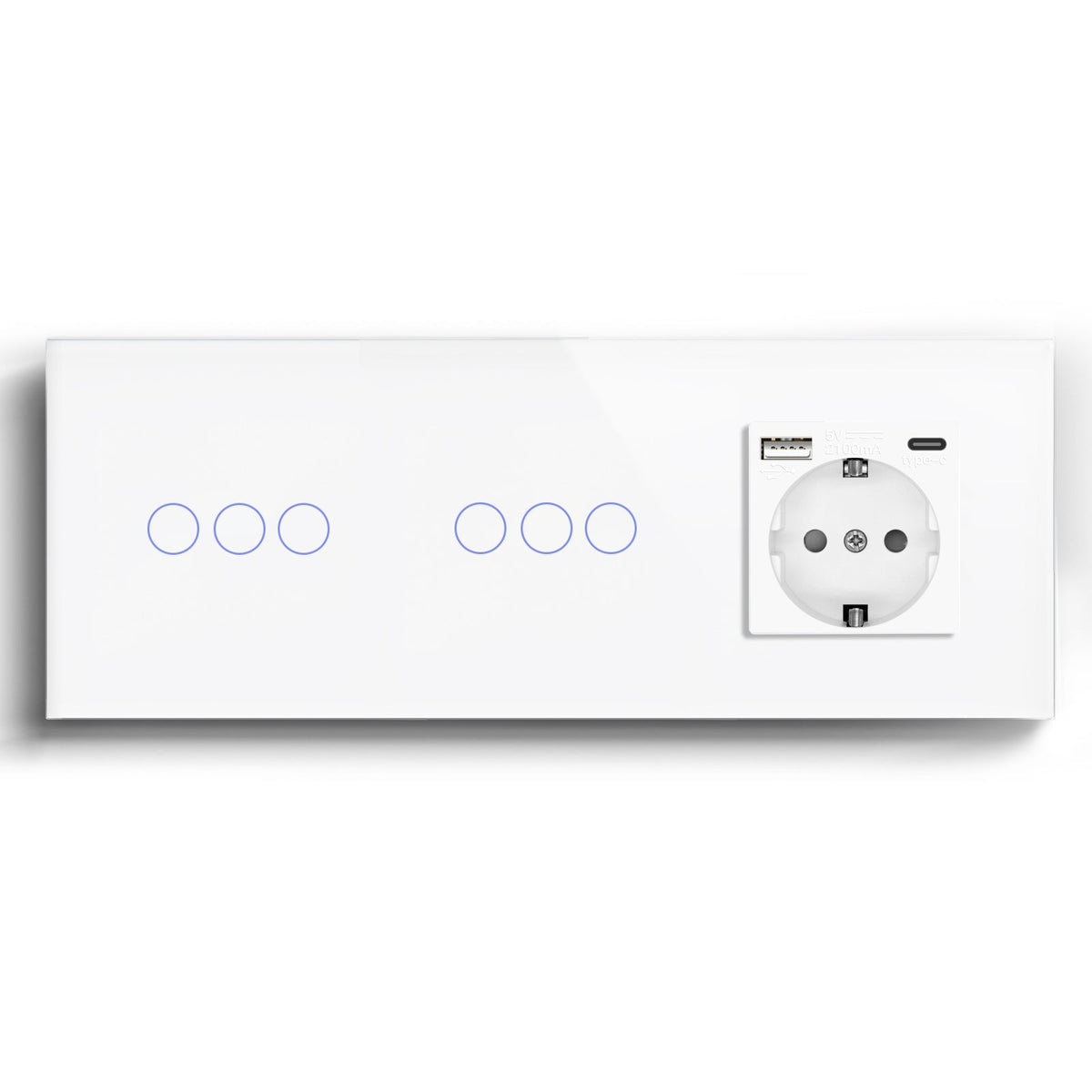Double Wifi Light Switch neutral line with Eu socket type-c Plug 2.1A 228mm Light Switches Bseedswitch White 3Gang+3Gang